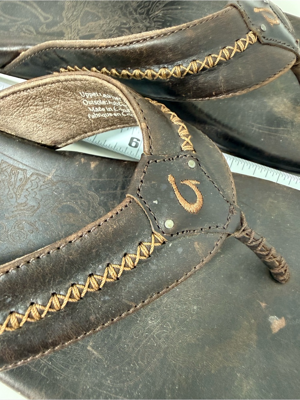 OluKai Dark Brown Leather Men’s Flip-Flops with Tan Stitching - Picture 2 of 8